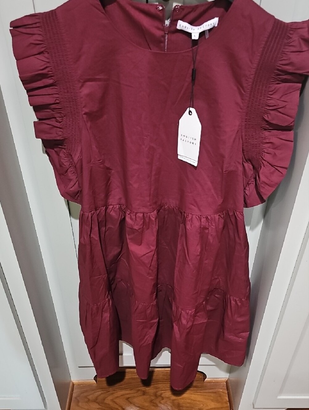 English Factory  Wine Ruffle Sleeve Tiered Dress - Picture 8 of 8